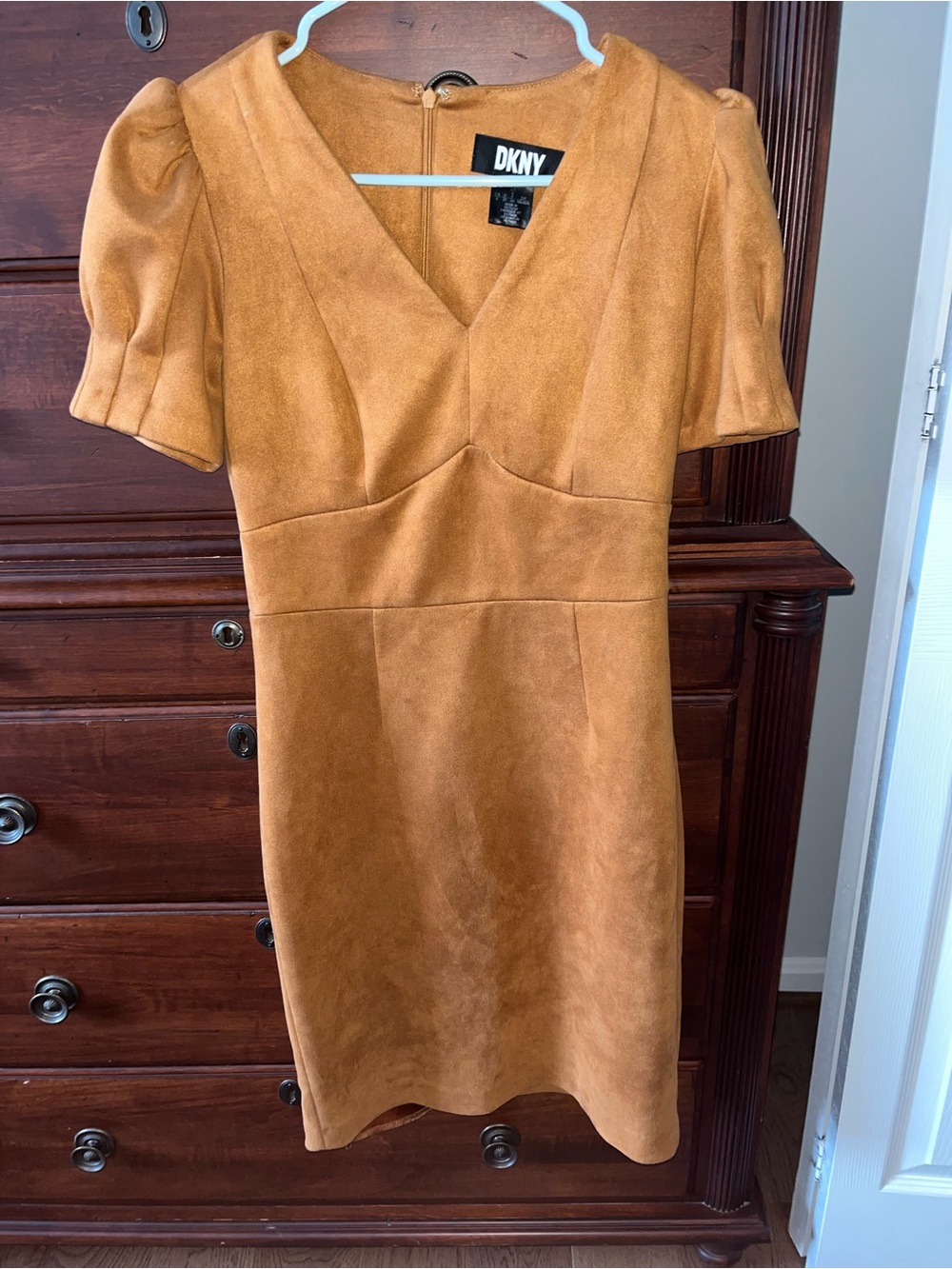 DKNY Suede Midi Dress in Camel Brown with V-Neck